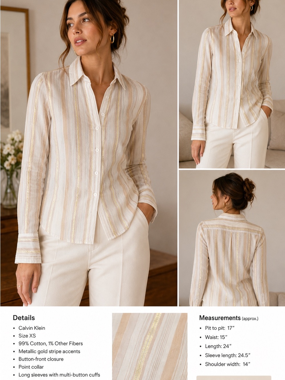 Calvin Klein XS Cotton Metallic Gold Stripe Button Down Shirt